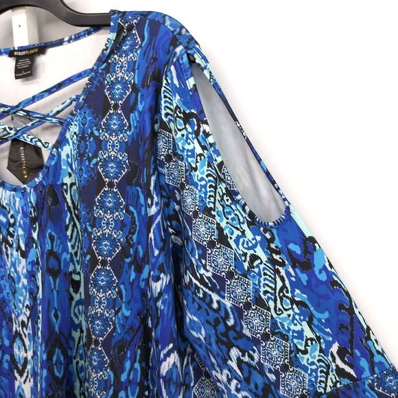 Robert Louis Shirt Womens Size L Blue Slit Sleeve Keyhole V-Neck Pullover Blouse - Picture 3 of 8